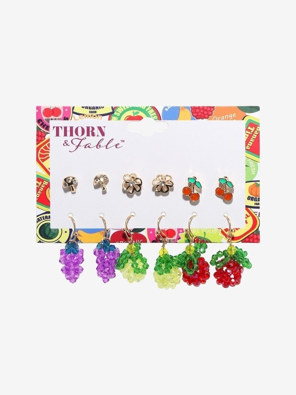 Thorn & Fable Fruit Bead Earring Set - Purple, Lime, Green, Red, Gold